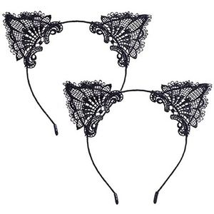 2 pc Black Lace Cat Ears Headband Costume Cosplay Kitty Headpiece Cute Accessory